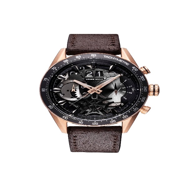 ARIES GOLD CHRONOGRAPH JOLTER ROSE GOLD STAINLESS STEEL G 7008 RG-BK BROWN LEATHER STRAP MEN'S WATCH